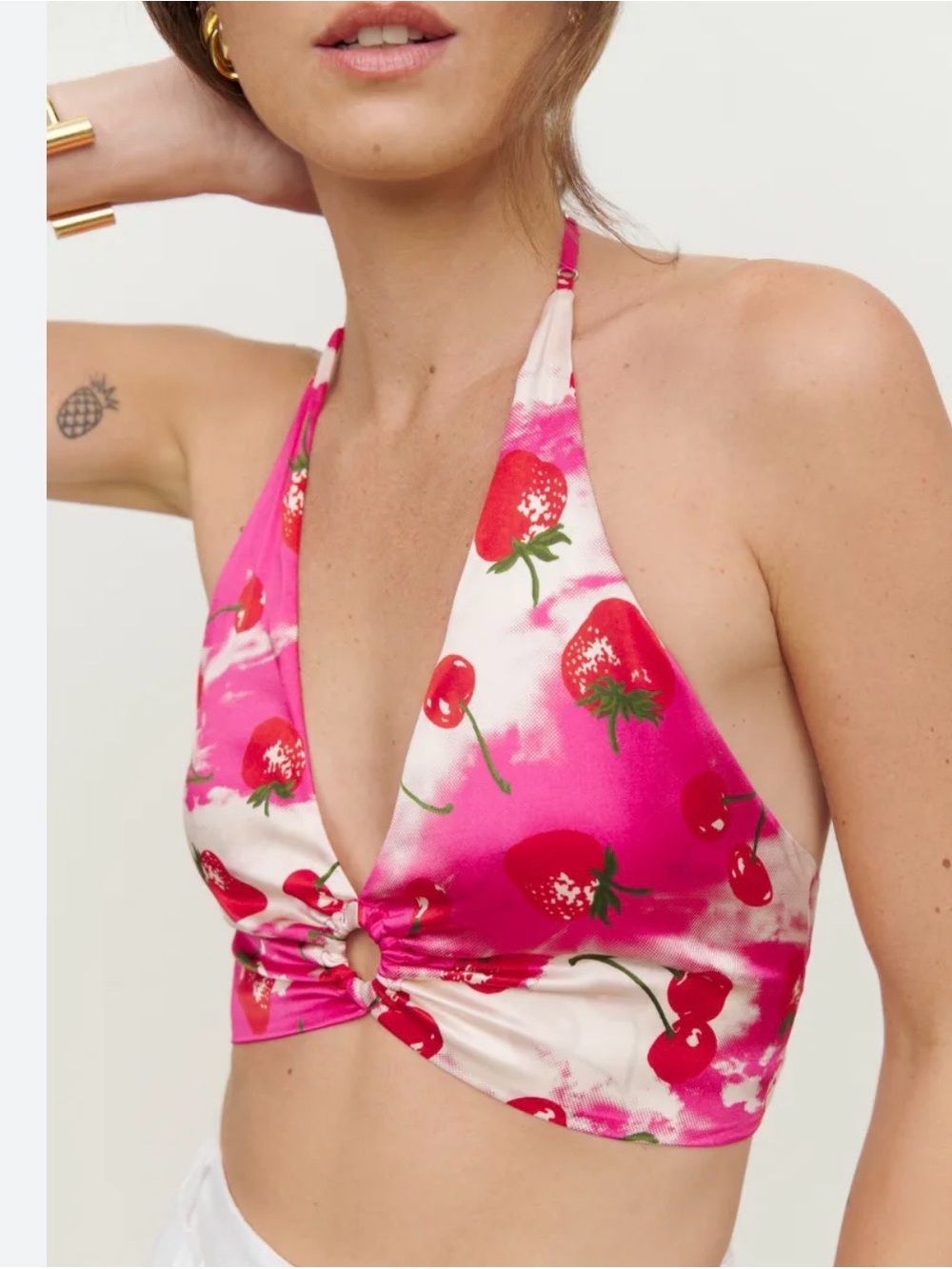 REFORMATION|Pink Floral Halter Crop Top size 0.100percent silk strawberry